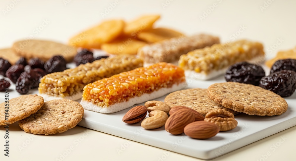 Fototapeta premium Healthy snacks granola bars and dried fruits for energy boost during workout with fitness enthusiast enjoying nutritious treats after gym session Nutrition wellness and balanced diet with wholesome