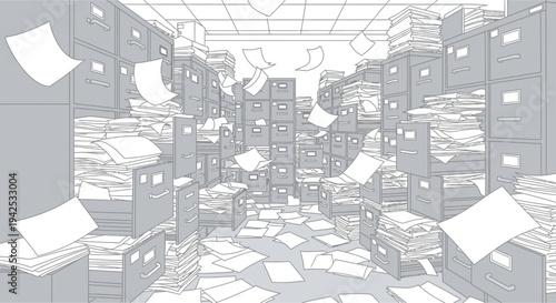 Cluttered Office Storage Room with Papers.