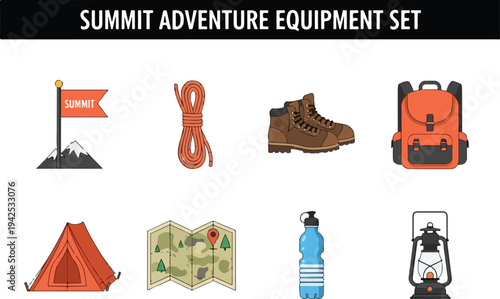Collection of adventure and hiking equipment including a tent, backpack, boots, and lantern