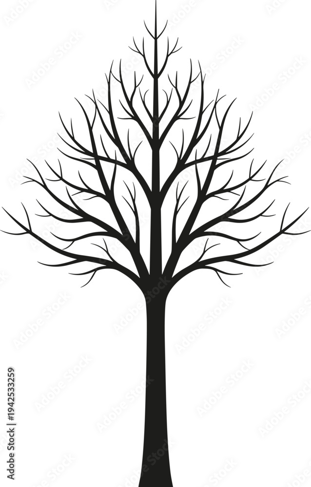 Obraz premium Black silhouette of a bare winter tree with detailed branches isolated on white background for seasonal nature and family designs