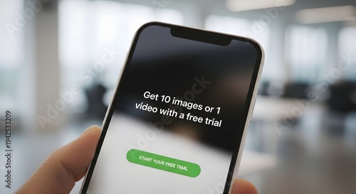 Hand holding smartphone with free trial offer on screen in modern office environment