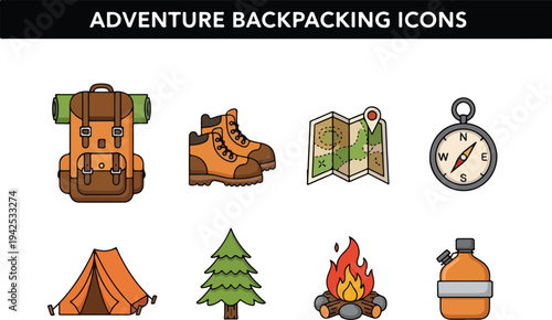 Collection of flat design adventure and travel icons for outdoor activities