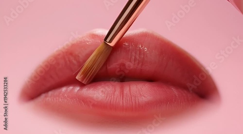 Close up of glossy lips being touched up with a lip brush