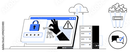 Laptop displays warning symbols, hand holding keys, lock, and server, emphasizing cybersecurity, password safety, hacking threats. Ideal for technology, cybercrime data breach online risk cloud