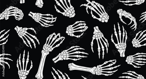 Spooky seamless pattern of white skeleton hands and arm bones in various poses scattered over a solid black background for a horror theme.