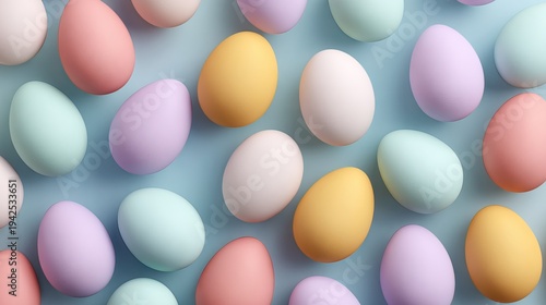 Pastel Easter eggs collection in soft pink, blue, yellow, and green, solid color background, flat lay, springtime festive decor