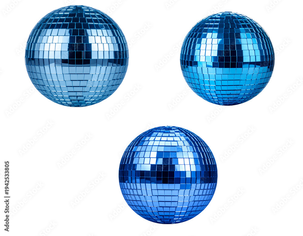 Fototapeta premium A sparkling blue disco ball reflects the bright party lights against a white background