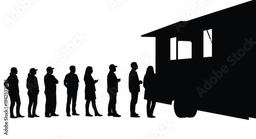 Customers Waiting in Line at a Food Truck Silhouette Vector for Urban Street Food Design