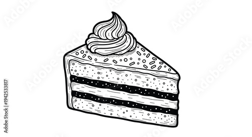 Delicious slice of layered cake with white frosting, dark filling, sprinkles, and a swirl on top in a black line art engraving style.