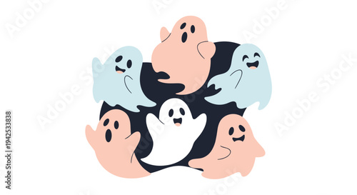 Collection of cute and friendly ghosts in blue, pink, and white colors floating together on a dark navy background for Halloween fun.
