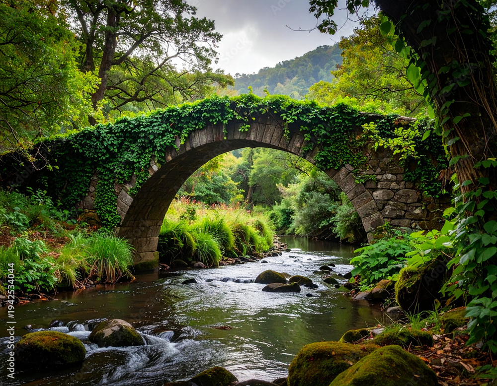Fototapeta premium Stone bridge over forest stream