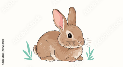 Adorable brown bunny rabbit sitting calmly among a few blades of green grass isolated on a plain white background illustration.