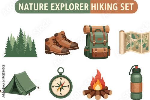 Nature explorer hiking set with essential outdoor adventure gear for camping and trekking