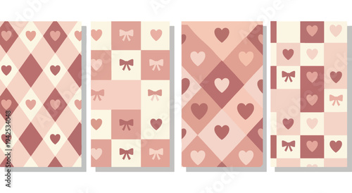 Pastel checkered fabric with heart and bunny motifs for valentine’s decor Vector