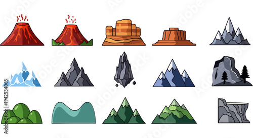 Diverse pixel art illustrations of stylized mountains with varied textures and colors Vector