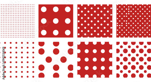 Variations of geometric patterns using dots and hexagons in red and white color scheme Vector