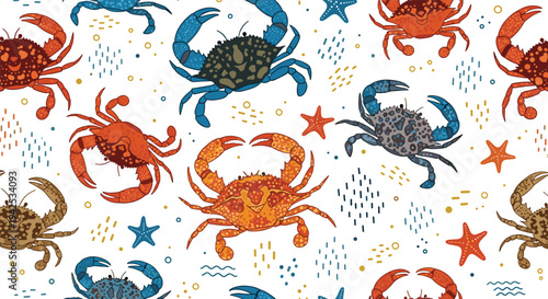 Vibrant seamless pattern featuring various crabs in red, blue, and brown colors with starfish and dots over a clean white background.