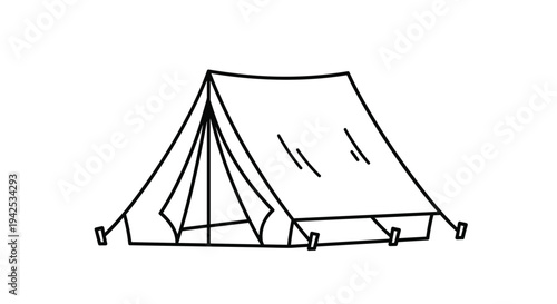 Simple black and white line art illustration of a classic camping tent with its flaps open isolated on a plain white background.