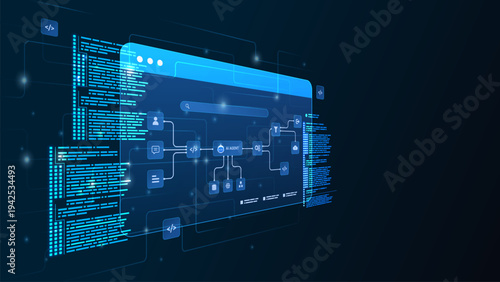 AI workflow automation artificial intelligence. ai agent network diagram dashboard machine learning flow process, coding and automation flow.