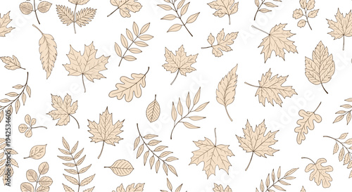 Gentle seamless pattern featuring a variety of hand drawn autumn leaves in light brown tones scattered across a clean white background for fall themes.
