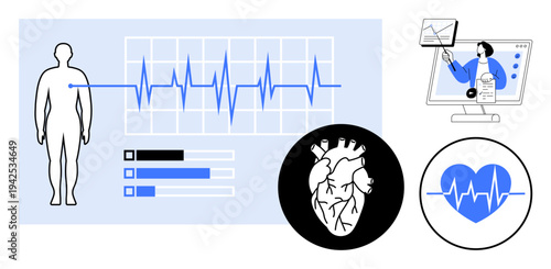 Heart monitoring concept. Heart monitoring icons, EKG data visualization, cardiovascular symbols, and medical diagnostics. Heart monitoring for fitness, telemedicine, hospitals, technology health