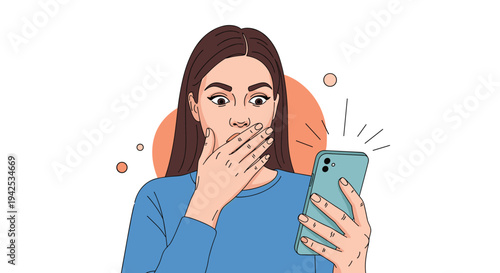 Colorful illustration of a surprised young woman with long brown hair looking at her smartphone with wide eyes and her hand over her mouth.