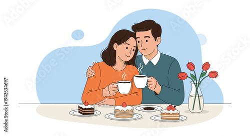 Warm illustration of a young couple hugging while drinking coffee and enjoying several delicious cakes during a romantic date at a cozy cafe.
