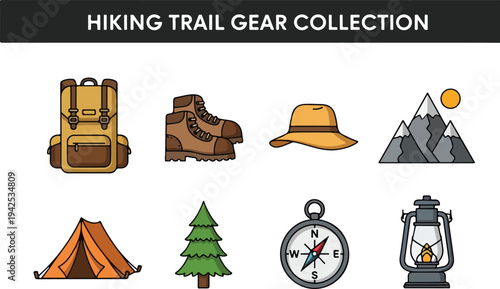 Collection of Hiking and Camping Gear Icons for Outdoor Adventures and Travel