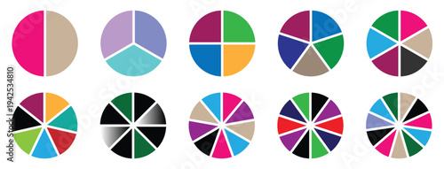 Pie chart for data analysis circle icons for infographic set. Colorful diagram collection with 2,3,4,5,6,7,8,9,10,11,12,sections and steps. simple circular infographic symbols for business, 