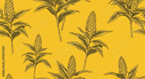 Vintage style seamless pattern featuring detailed hand drawn ginger flowers with leaves on a warm yellow background for a tropical botanical feel.