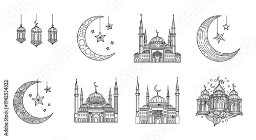 Islamic designs featuring crescent moons lanterns and detailed mosque illustrations