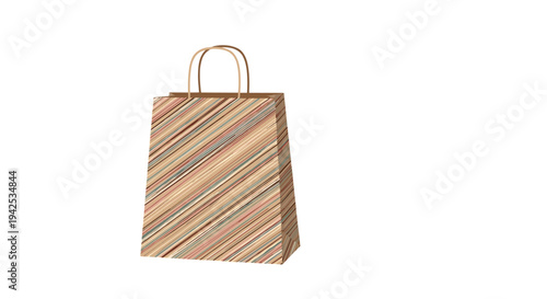 Mockup of a brown paper shopping bag with handles featuring a pattern of colorful thin diagonal stripes isolated on a white background.