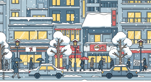 Illustration of Snowy City Street Scene with Cars.