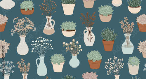 Charming seamless pattern of diverse potted succulents, cacti, and delicate flowers in ceramic vases arranged on a deep teal blue background.