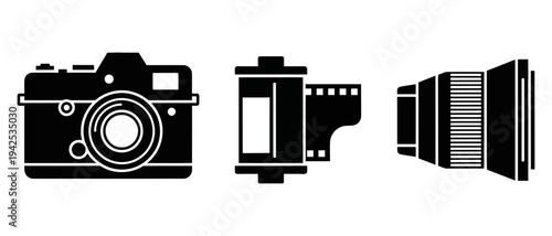 Photography equipment icons including camera, film reel, and lens on a white background representing photography essentials