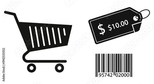 Shopping cart, price tag, and barcode icons for e-commerce and retail applications displayed together