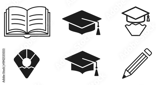 Collection of simple black and white graduation icons representing education and academic achievement in a modern style