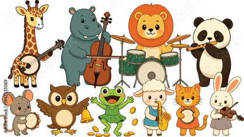 Cute cartoon animal band playing musical instruments including giraffe, lion, panda, frog and rabbit, colorful kids music illustration vector isolated on white background