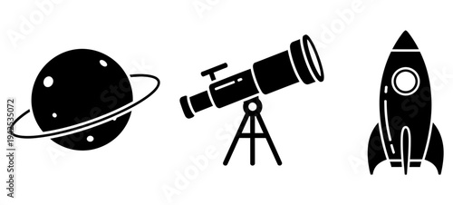 Simple black and white illustration of planet, telescope, and rocket symbolizing space exploration and astronomy together in a minimalist design on a white background