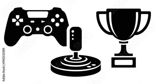 Gaming controller joystick and trophy symbolizing video game competition and esports victory achievement and gaming success