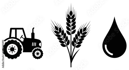 Simple black and white illustration representing agriculture and fuel production with a tractor, wheat, and oil drop symbolizing biofuel.