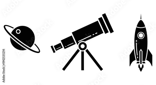 Simple icons representing astronomy and space exploration featuring a planet, a telescope, and a rocket on a white background