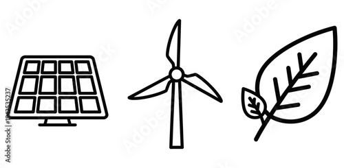 Simple line icons representing renewable energy sources like solar panels and wind turbines promoting eco friendly practices