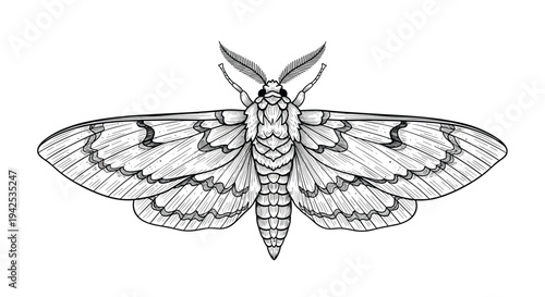 Highly detailed black and white ink sketch of a large moth with intricate wing patterns and feathery antennae isolated on a white background.