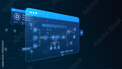 AI workflow automation artificial intelligence. ai agent workflow diagram dashboard machine learning with node input, process flow, data flow, cloud and automation flow.