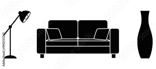 Modern living room furniture set with floor lamp, couch, and floor vase displayed against a white background for a minimalist aesthetic.