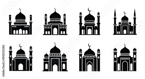 Collection of black silhouette islamic mosque and crescent moon icons