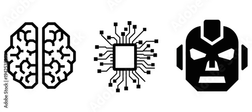 Artificial intelligence theme featuring brain, microchip, and robotic head icons symbolizing advanced technology and machine learning concepts together.