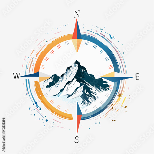 Stylized compass with mountain landscape illustration.