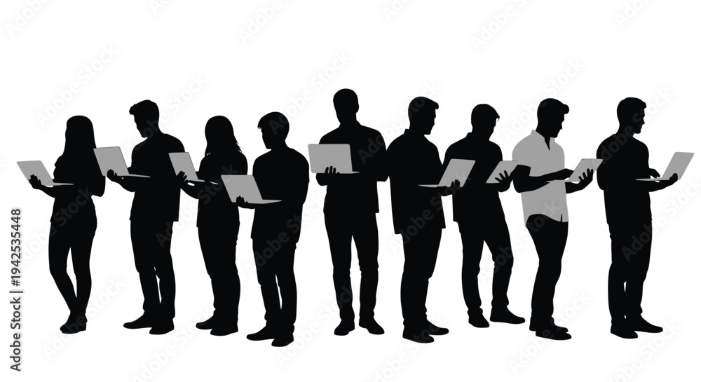 Obraz premium Silhouettes of diverse people using laptops, symbolizing technology and modern connectivity